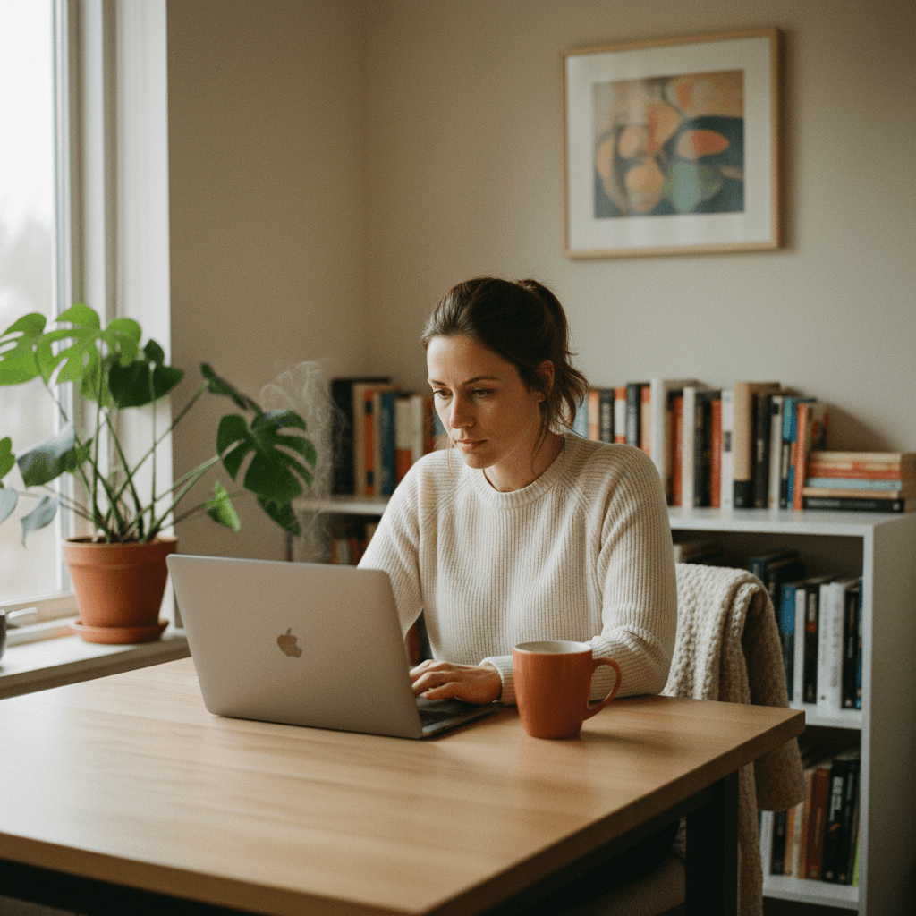 Professional woman studying online at home on her laptop
