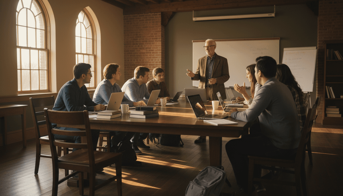 Graduate students and professor in a sunlit seminar room on campus in Newton