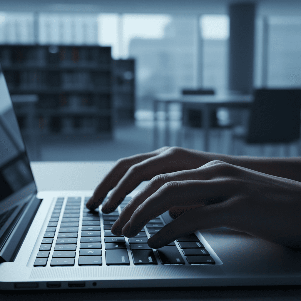 Hands typing on a laptop keyboard in a library