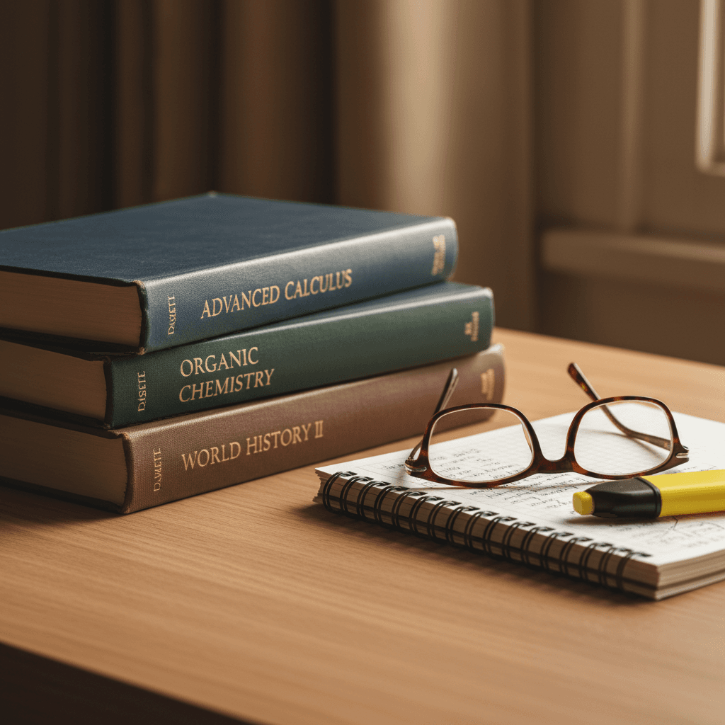 Stack of textbooks and notebooks on a desk