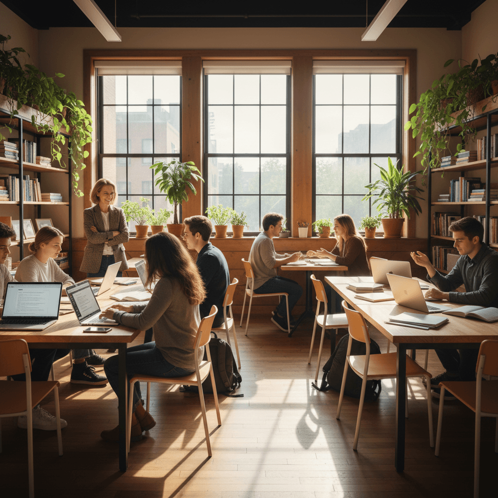 Graduate students in a modern classroom collaborating with a professor