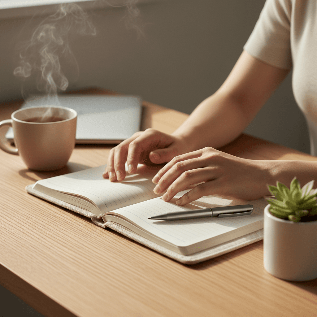A working professional in their late 20s, seated at a home desk, studying online with a laptop and notebook, natural light through a window